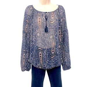 Lucky Brand Blue Pink Paisley Long Sleeve Popover Top Elastic Waist Tassel Ties